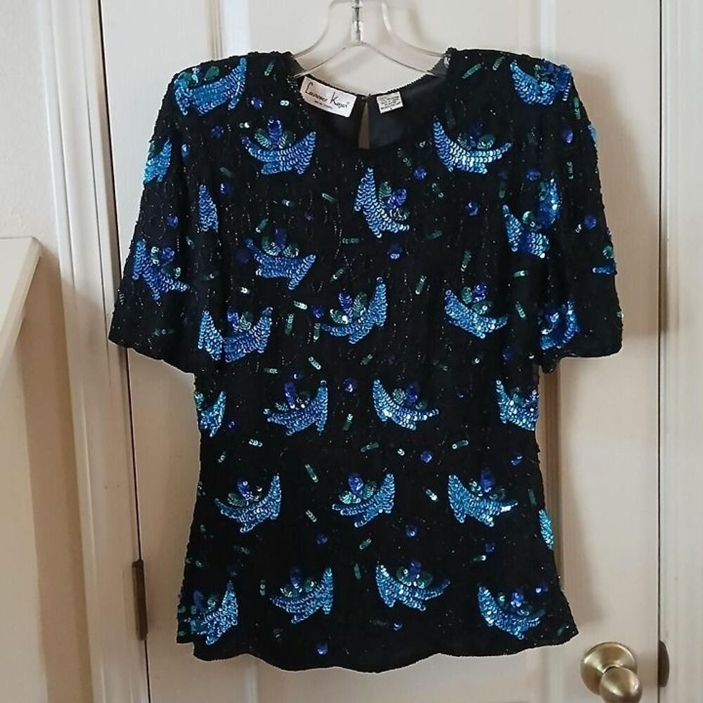 Vintage 80s 90s Laurence Kazar 100% Silk Beaded Sequin Retro Glam Top S